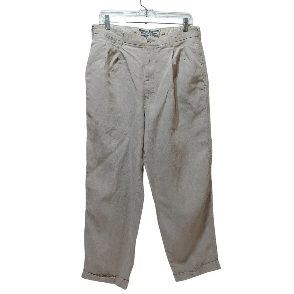 Banana Republic Men Linen Pants 34x28 Tan Pleated Cuffed Resort Old Money Preppy